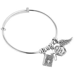 CoolJewelry Inspirational Bracelet Bible Cross Charm Expandable Angel Wing Personalized Stainless Steel Bangle