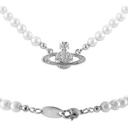 ytchmibb White Pearl Bead Necklaces Crystal Rhinestone Saturn Planet Necklace (Silver)