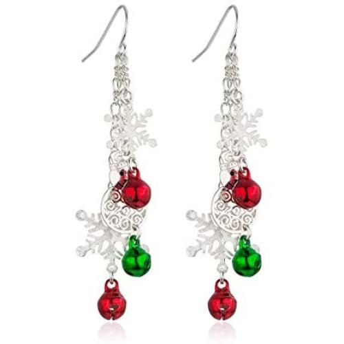RareLove Three Layered Christmas Ring Bell Piercing Dangle Earrings Snowman Snowflake Silver Plated Alloy Holiday Jewelry For Women Girls