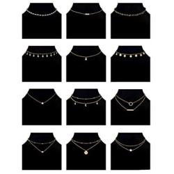 Ofeiyaa 12/16pcs Chain Gold Bead Necklace Coin Moon Star Pearl Pendant Chain Choker Multilayer Necklace Leather Cord Set for Women Men Adjustable Gold Tone