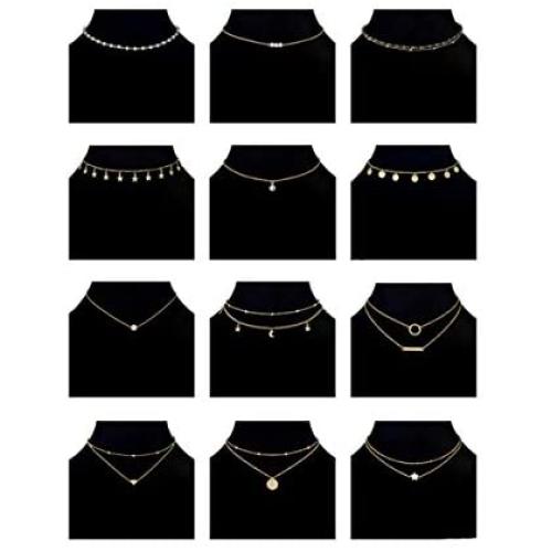 Ofeiyaa 12/16pcs Chain Gold Bead Necklace Coin Moon Star Pearl Pendant Chain Choker Multilayer Necklace Leather Cord Set for Women Men Adjustable Gold Tone