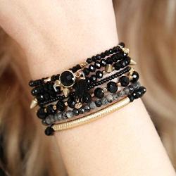 RIAH FASHION Bohemian Beaded Multi Layer Versatile Statement Bracelets - Stackable Stretch Strand Cuff Bangles Sparkly Crystal, Natural Stone, Wood Bead