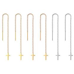 Cupimatch 3 Pairs Cross Tassel Threader Dangle Drop Earrings Set, Stainless Steel Ear Pierced Long Chain Earrings Set for Women Girls