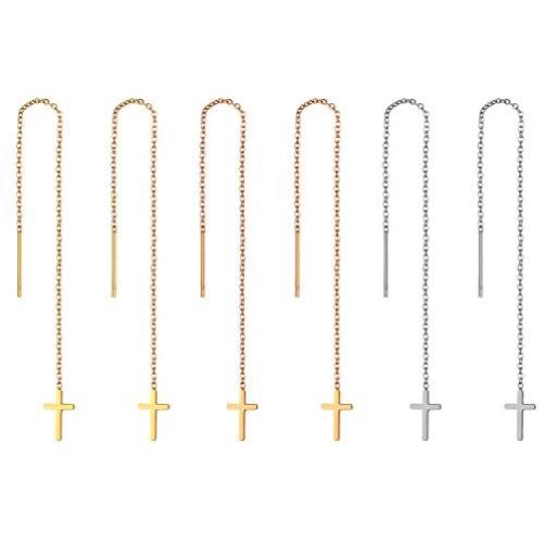 Cupimatch 3 Pairs Cross Tassel Threader Dangle Drop Earrings Set, Stainless Steel Ear Pierced Long Chain Earrings Set for Women Girls