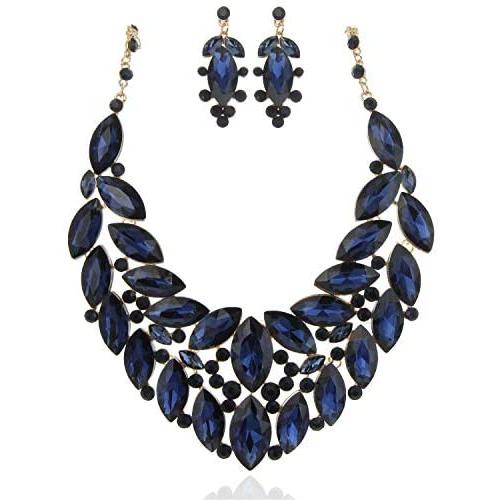 SP Sophia Collection Drop Collar Austrian Crystal Marquise Rhinestone Cluster Necklace and Stud Post Dangling Earring Set