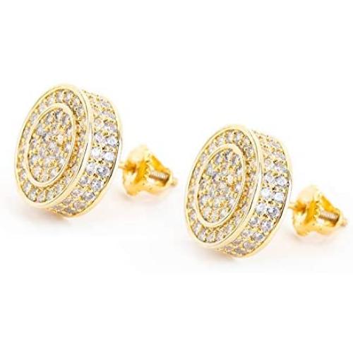 BBL 10mm Round Stud Earrings For Women Men Iced Out CZ Stud Earrings Screw-back Hypoallergenic Hip Hop 14k Gold/White Gold Plated Geometric Cubic Zirconia Cluster Micro-pave Ear Studs for Girl Boy