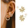 MYEARS Women Gold Stud Earrings Trio Diamond CZ Open Triangle Three Cluster Round Opal Flower Leaf 14K Gold Filled Small Boho Beach Simple Delicate Handmade Hypoallergenic Jewelry Gift