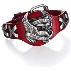 Gloalwin Jewellery Leather Bracelet for Men Genuine Leather Cuff Stainless Steel Adjustable Unisex Wristband (Red)
