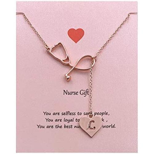 Your Always Charm Rose Gold Stethoscope Alphabet Lariat Y Necklace for Nurse Graduation Gift