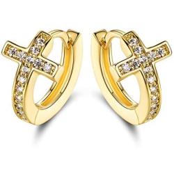 Barzel 18k Gold Plated Layered Crystal Cross Earrings Huggies for Women.