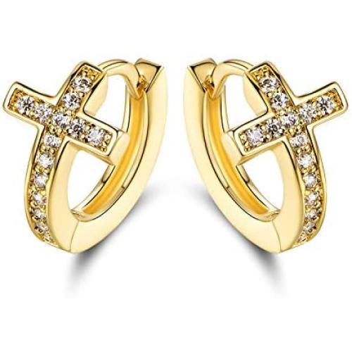 Barzel 18k Gold Plated Layered Crystal Cross Earrings Huggies for Women.