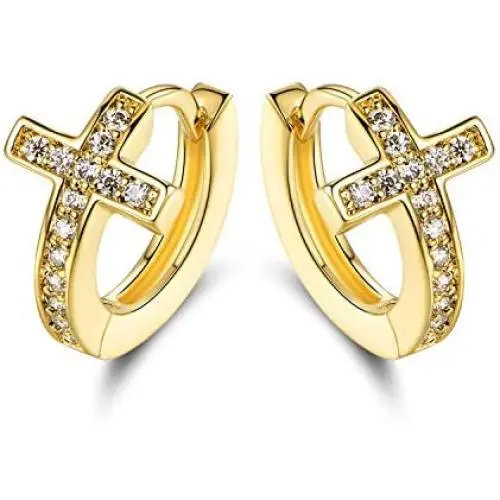 Barzel 18k Gold Plated Layered Crystal Cross Earrings Huggies for Women. Barzel 18k Gold Plated Layered Crystal Cross Earrings Huggies for Women.