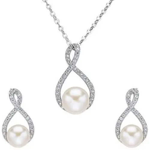 EVER FAITH 925 Sterling Silver CZ AAA Freshwater Cultured Pearl 8 Infinity Necklace Earrings Set