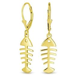 Nautical Ocean Leverback Drop Dangle Fishbone Fish Earrings For Women For Teen 14K Gold Plated 925 Sterling Silver