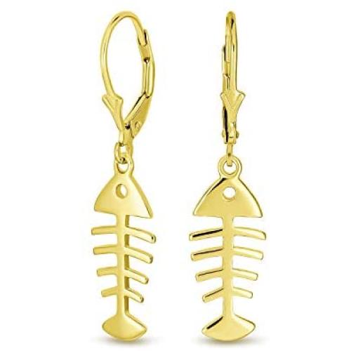 Nautical Ocean Leverback Drop Dangle Fishbone Fish Earrings For Women For Teen 14K Gold Plated 925 Sterling Silver