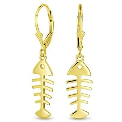 Nautical Ocean Leverback Drop Dangle Fishbone Fish Earrings For Women For Teen 14K Gold Plated 925 Sterling Silver Nautical Ocean Leverback Drop Dangle Fishbone Fish Earrings For Women For Teen 14K Gold Plated 925 Sterling Silver