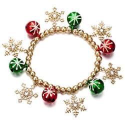 OFGOT7 Bling Christmas White Snowflake Charm Beaded Bracelet Stretch Strand Elastic Glass Dangle Beads Bell Rings for Women Girls