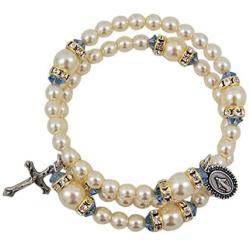 Religious Fashion Jewelry White and Blue Prayer Bead Spiral Rosary Bracelet with Miraculous Medal Charm, One Size