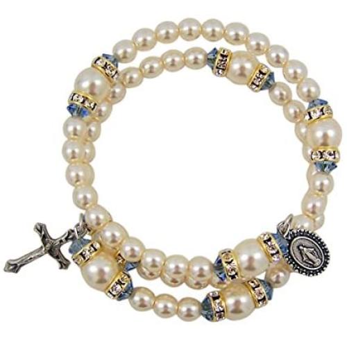 Religious Fashion Jewelry White and Blue Prayer Bead Spiral Rosary Bracelet with Miraculous Medal Charm, One Size