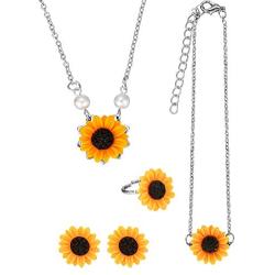 Chuangdi 5 Pieces Totally Sunflower Shape Necklace Drop Petal Pendant Necklace with Faux Pearl, Sunflower Bracelet Earrings Ring for Women Jewelry Accessories
