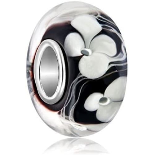 LovelyJewelry 925 Sterling Silver Charms Flower Black Lampwork Murano Synthetic Glass Beads for Charm Bracelet …