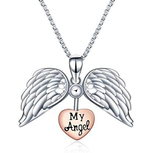 Sterling Silver Heart Angel Wings Locket My Angel Necklace Guardian Angel Jewelry Gifts for Women