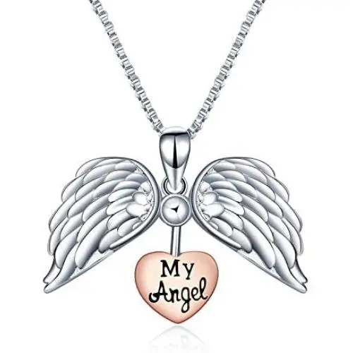 Sterling Silver Heart Angel Wings Locket My Angel Necklace Guardian Angel Jewelry Gifts for Women