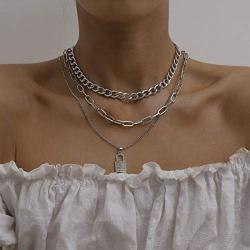 Chargances Chunky Chain Collar Choker for Women and Girls Necklace for Women and Girls Diamond Lock Pendant Multi Layer Chain Necklace Ladies Party Jewelry(Silver)