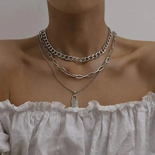 Chargances Chunky Chain Collar Choker for Women and Girls Necklace for Women and Girls Diamond Lock Pendant Multi Layer Chain Necklace Ladies Party Jewelry(Silver)