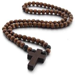 COLORFUL BLING Classic Natural Wood Beads Cross Pendant Necklace for Men Women Religious Rosary Jewelry Handmade Prayer Accessories