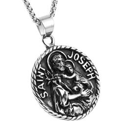 AsAlways Saint Joseph Necklace Stainless Steel Catholic Patron Saints Medal Jewelry, Traveler Medallion Blessings Gift