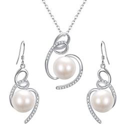 BriLove Women 925 Sterling Silver CZ AAA Freshwater Cultured Pearl Necklace Earrings Set