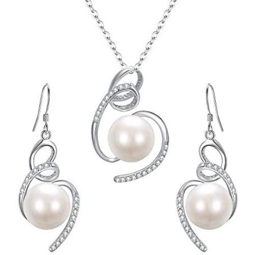 BriLove Women 925 Sterling Silver CZ AAA Freshwater Cultured Pearl Necklace Earrings Set