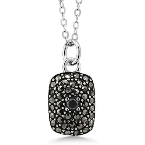 Gem Stone King 925 Sterling Silver Marcasite Pendant Necklace With Black Diamond Accent On 18 Inch Chain