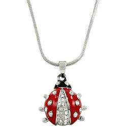 Falari Ladybug Pendant Necklace Rhinestone Crystal Hand Painted High Polished Rhodium
