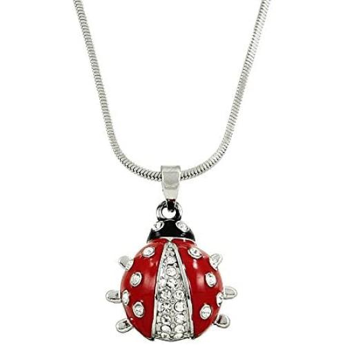 Falari Ladybug Pendant Necklace Rhinestone Crystal Hand Painted High Polished Rhodium