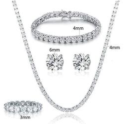 18K White Gold Plated Tennis Necklace/Bracelet/Earrings/Band Ring Sets Hypoallergenic Jewelry Pack of 4