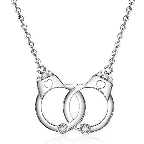 Sterling Silver Handcuff Heart Necklace for Women Girls Dainty Interlocking Statement White Gold Pendant Jewelry Gifts Partners in Crime Best Friend Necklaces