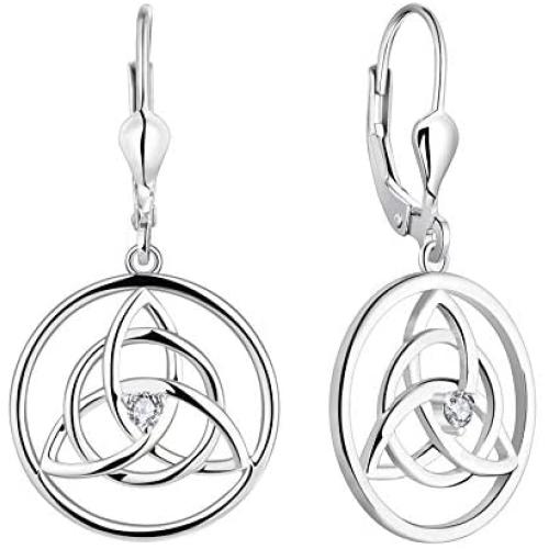YL Celtic Knot Earrings 925 Sterling Silver Created Amethyst/Aquamarine/Ruby/Emerald/Cubic Zirconia Trinity Leverback Earrings Love Knot Dangle Drop Jewelry