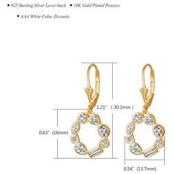 E 18K Gold Plated Leverback Drop Earrings for Women, Round Dangle Earring with Rainbow Cubic Zirconia, 925 Sterling Silver Secure Lever-back