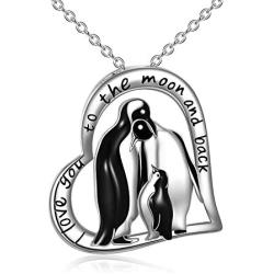 POPLYKE Penguin Gifts for Women Girls Sterling Silver Penguin Family Heart-Shaped Pendant Necklace Jewelry for Mom Daughter