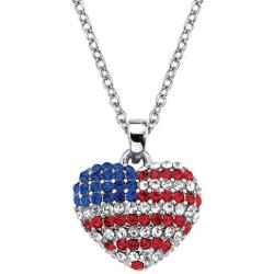 Palm Beach Jewelry Silvertone Round Red White and Blue Crystal American Flag Heart Pendant (16mm) with 18 inch Chain