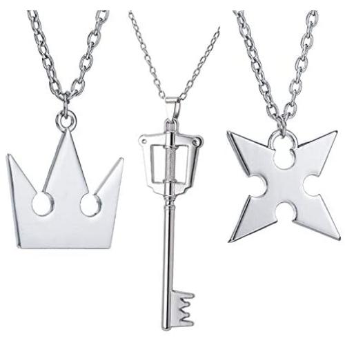 PPX 3 Pieces Set Kingdom Hearts Soras Crown & Roxass Cross Necklaces Anime Cosplay Figure Pendant for Fans