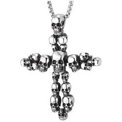 COOLSTEELANDBEYOND Stainless Steel Mens Gothic Vintage Skull Cluster Cross Pendant Necklace with 30 inches Wheat Chain