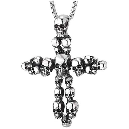 COOLSTEELANDBEYOND Stainless Steel Mens Gothic Vintage Skull Cluster Cross Pendant Necklace with 30 inches Wheat Chain