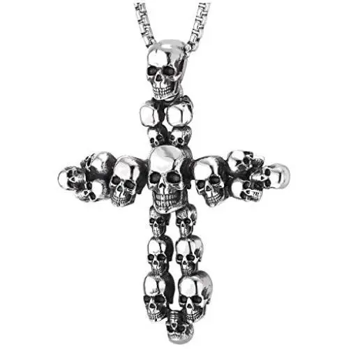 COOLSTEELANDBEYOND Stainless Steel Mens Gothic Vintage Skull Cluster Cross Pendant Necklace with 30 inches Wheat Chain COOLSTEELANDBEYOND Stainless Steel Mens Gothic Vintage Skull Cluster Cross Pendant Necklace with 30 inches Wheat Chain