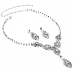 Topwholesalejewel Silver Crystal Rhinestone with Aurora Borealis Center Necklace & Matching Dangle Earrings Jewelry Set