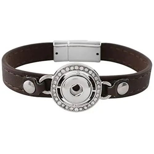 Mini Snap Jewelry Brown Rhinestone Halo Magnetic Leather Bracelet Holds 12mm Snaps