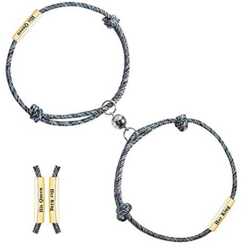 Yopicks Magnetic Couples Bracelets, Mutual Attraction Rope Braided His and Hers Bracelets Custom Nameplate ID Matching Bracelets for Lover