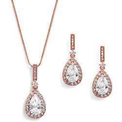 Mariell 14K Rose Gold Plated Cubic Zirconia Pear-Shape Necklace & Earrings Bridal and Wedding Jewelry Set